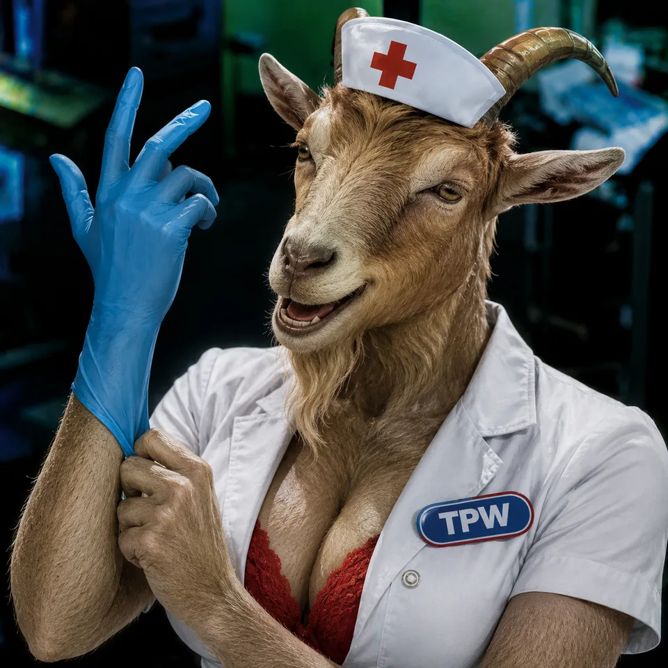 The ThePsychWard mascot: a goat in a nurse's cap and TPW name badge, snapping on a blue glove.